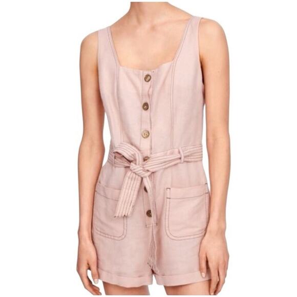 Zara Linen Blend Tie Waist Button Down Romper Size M Peach Square Neck Coquette - Picture 1 of 16